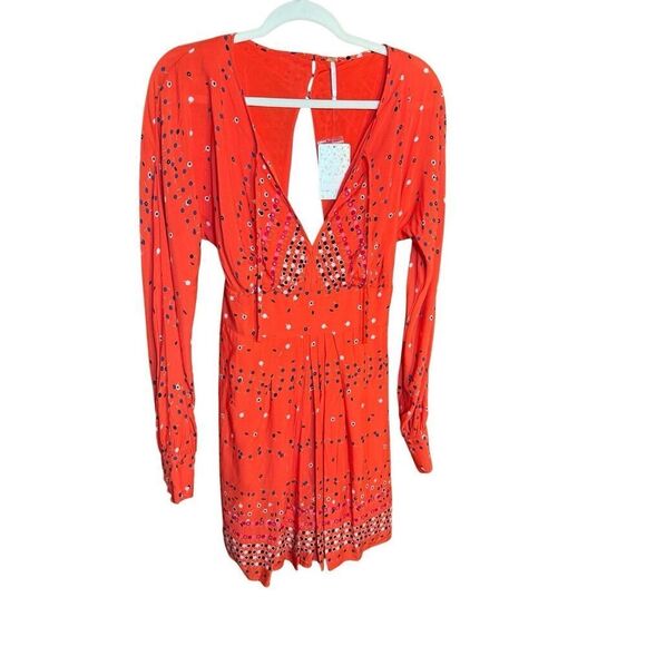 NEW Free People Coryn Coral Orange Print Long Sleeve Dress red combo sz 6 - Picture 2 of 16